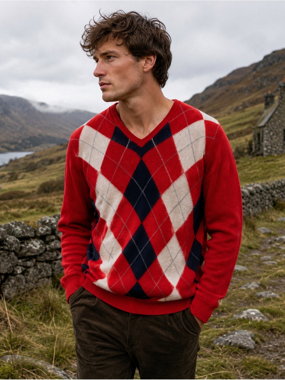 VTG Pringle of Scotland Red Argyle Lambswool V-Neck Large
